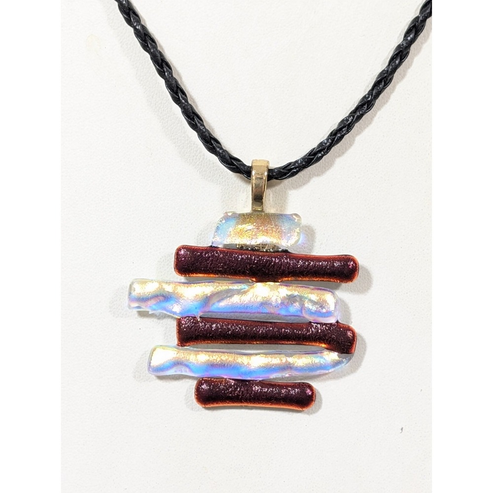 Artisan Fused Glass Iridescent Red Stripe Dichroic Pendant Necklace